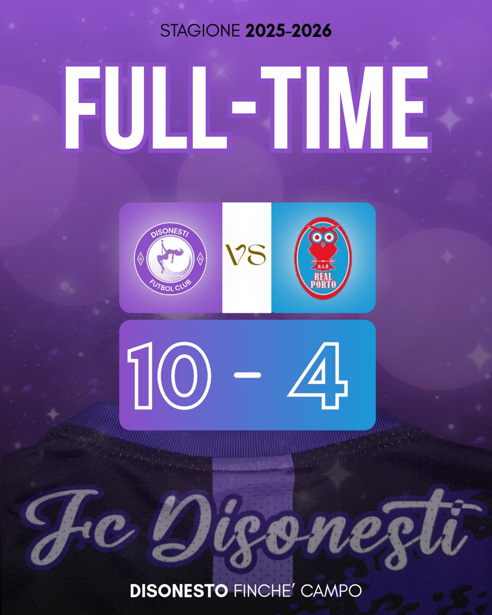 Disonesti FC full time result graphic showing a 10-4 win over Real Porto
